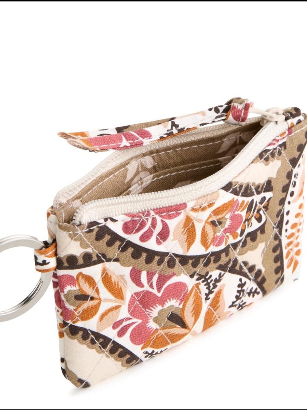 Vera Bradley Floral Quilted Coin Purse Keyring in Beige, Pink & Tan